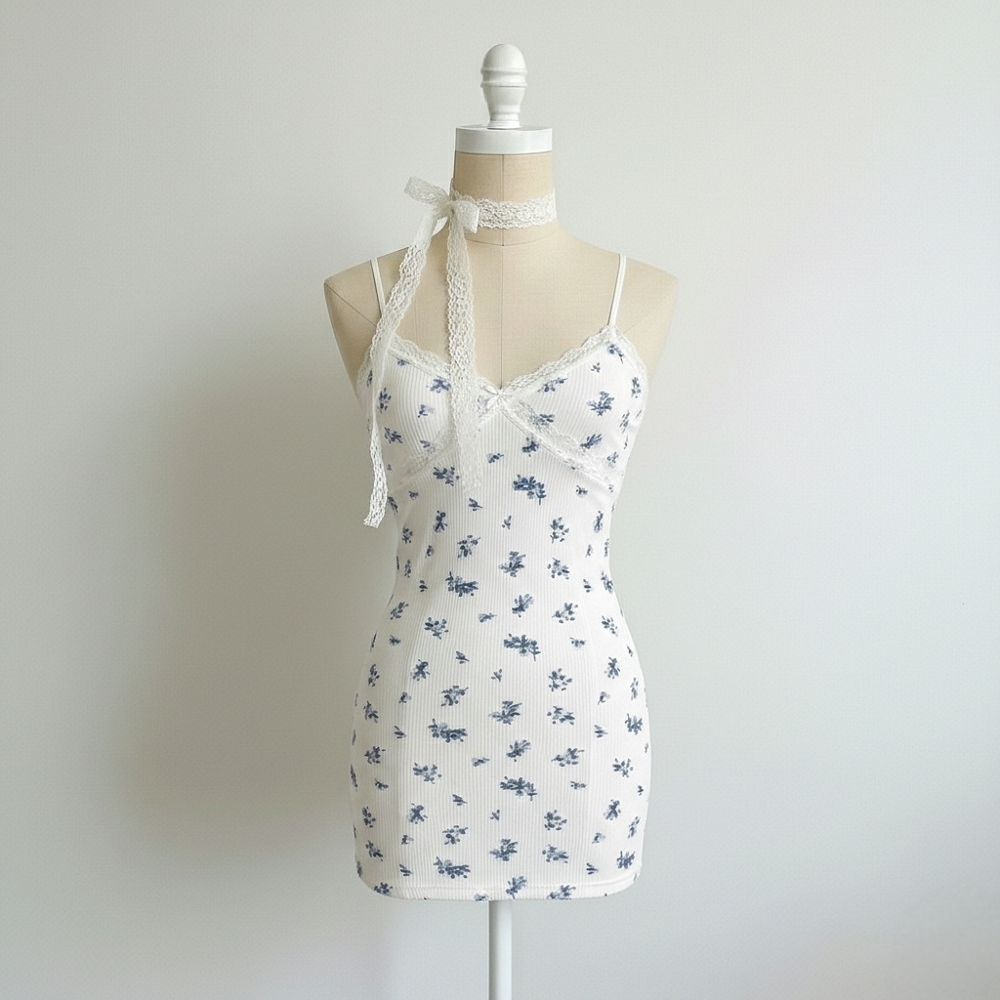 H&M White And Blue Floral Printed Ribbed Lace Bodycon Dress